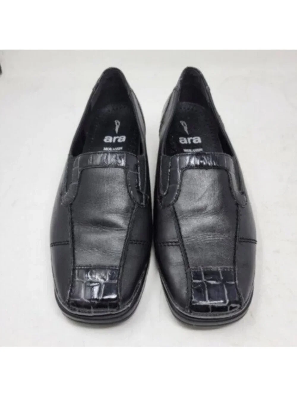 Ara Leather Crocodile Print Mokassin Slip On Loafer Shoe Black